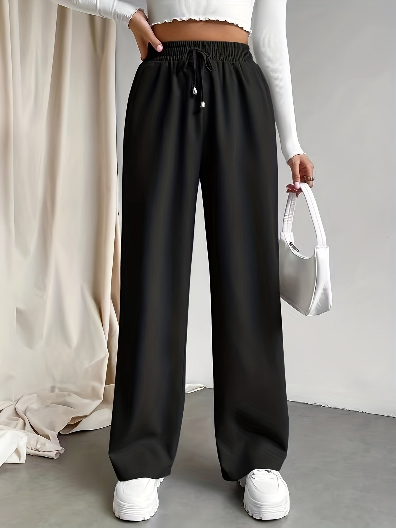 Womens Solid Drawstring Wide Leg Pants