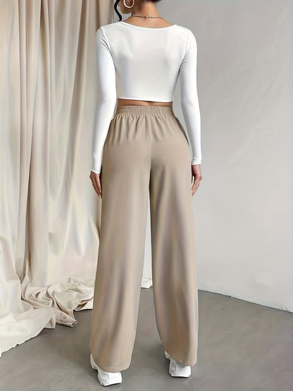 Womens Solid Drawstring Wide Leg Pants
