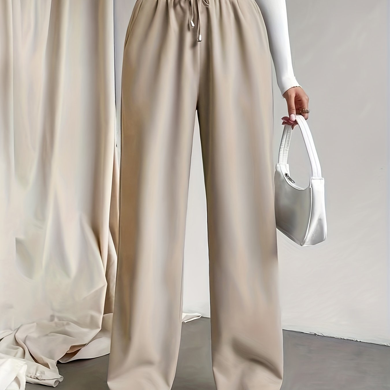 Womens Solid Drawstring Wide Leg Pants
