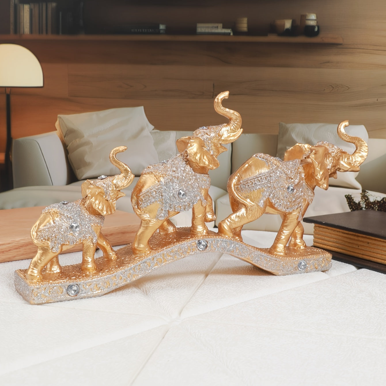 Elegant Resin Elephant Figurines on Golden Base
