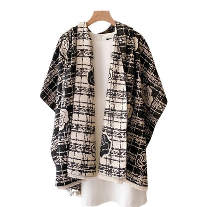 Cashmere-like Double-sided Scarf Camellia Tassel Air-conditioned Room Cloak