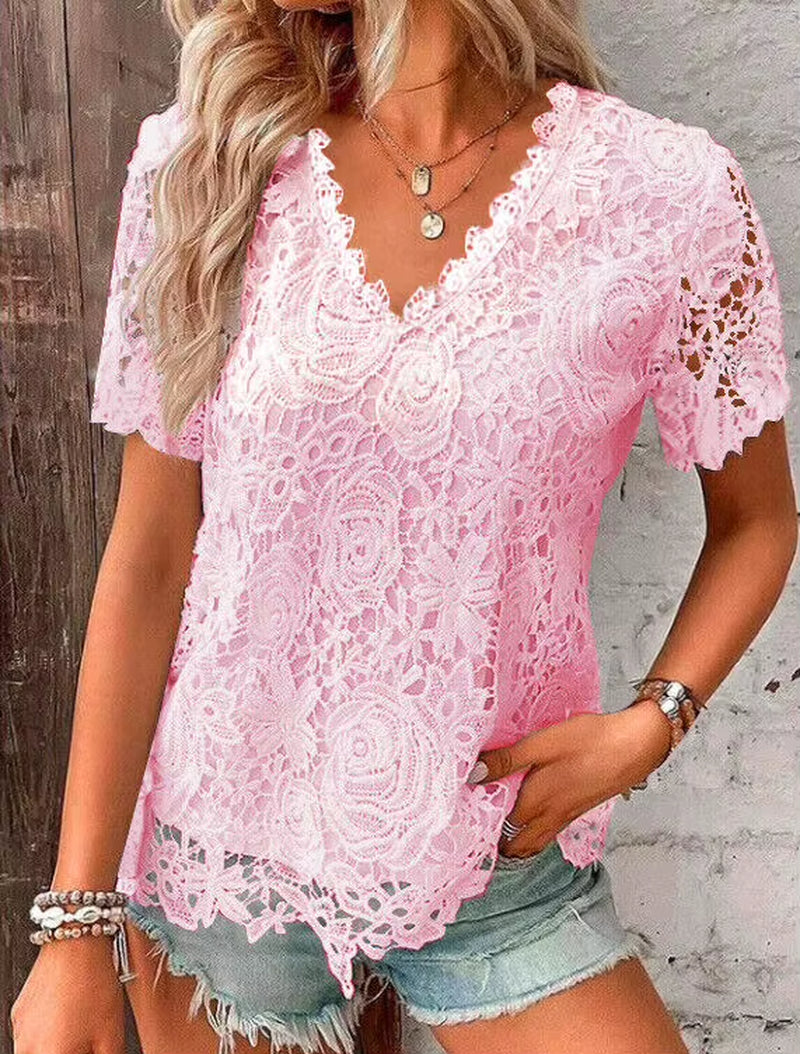 Ladies Lace V Neck Blouse Tee Short Sleeve Summer Tops Casual T-Shirts plus SIZE