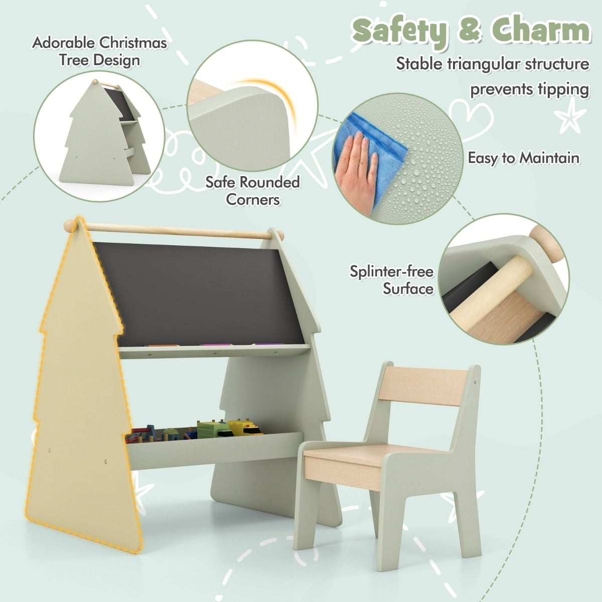 2-In-1 Double-Sided Kids Art Easel with Stool and Paper Roll Holder