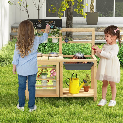 Patio Wooden Pretend Play Kitchen with Plants Observation Room for Kids Outdoor