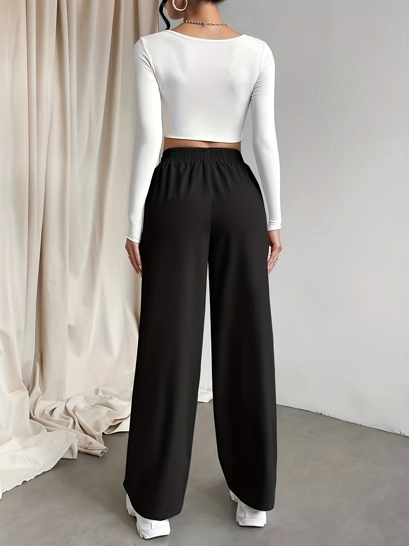 Womens Solid Drawstring Wide Leg Pants
