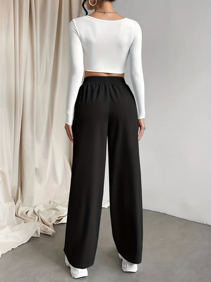 Womens Solid Drawstring Wide Leg Pants