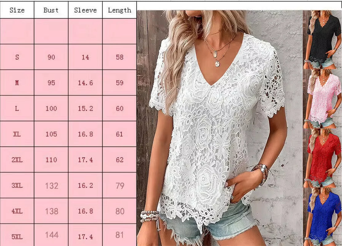 Ladies Lace V Neck Blouse Tee Short Sleeve Summer Tops Casual T-Shirts plus SIZE