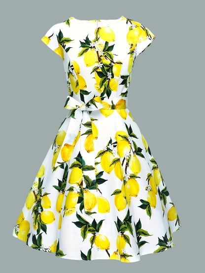 Lemon Print Chic Dress - Flattering Crew Neck, Cap Sleeves & Belted Waist