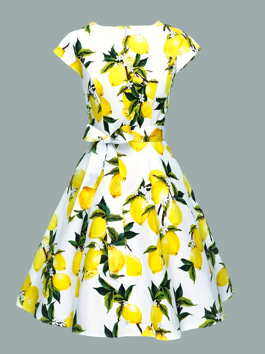 Lemon Print Chic Dress - Flattering Crew Neck, Cap Sleeves & Belted Waist