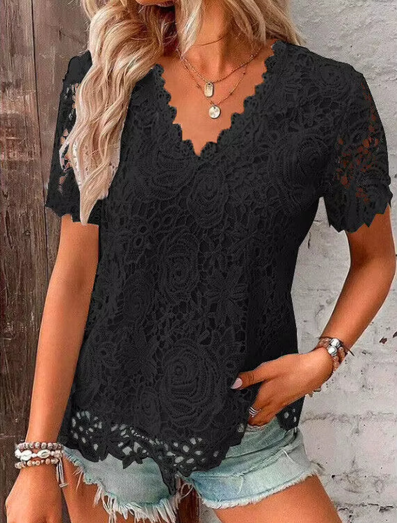 Ladies Lace V Neck Blouse Tee Short Sleeve Summer Tops Casual T-Shirts plus SIZE