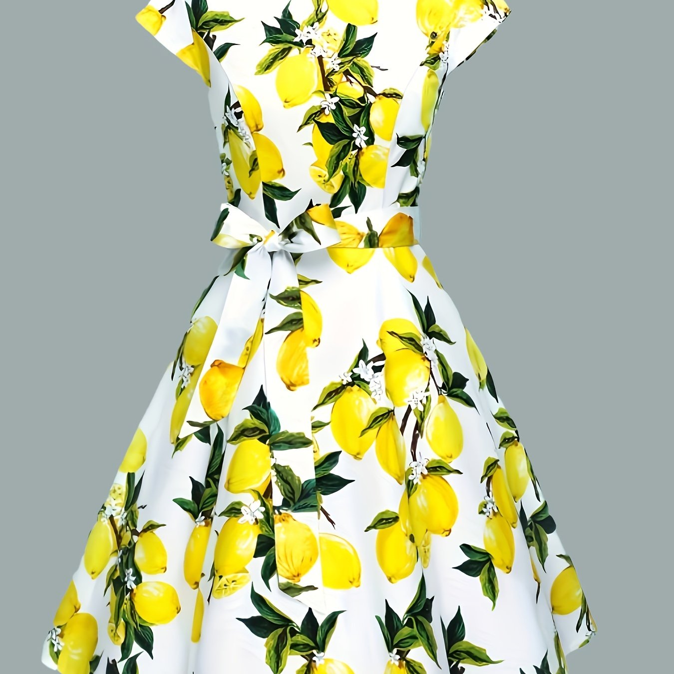 Lemon Print Chic Dress - Flattering Crew Neck, Cap Sleeves & Belted Waist
