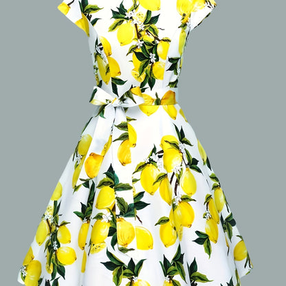 Lemon Print Chic Dress - Flattering Crew Neck, Cap Sleeves & Belted Waist
