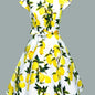 Lemon Print Chic Dress - Flattering Crew Neck, Cap Sleeves & Belted Waist