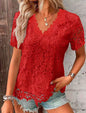 Ladies Lace V Neck Blouse Tee Short Sleeve Summer Tops Casual T-Shirts plus SIZE