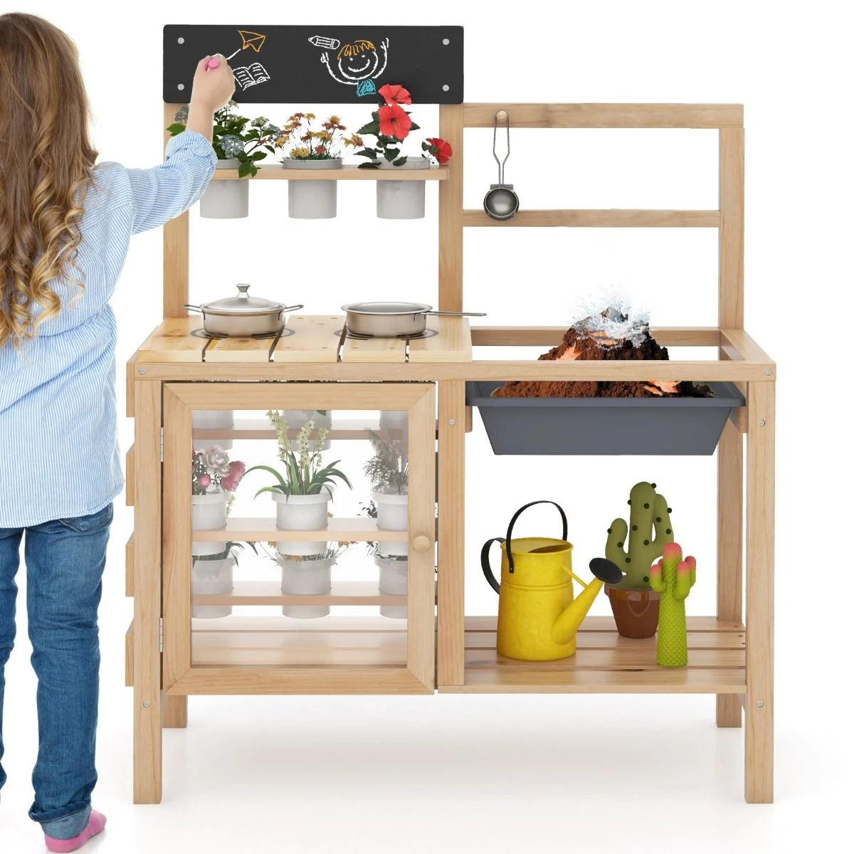 Patio Wooden Pretend Play Kitchen with Plants Observation Room for Kids Outdoor