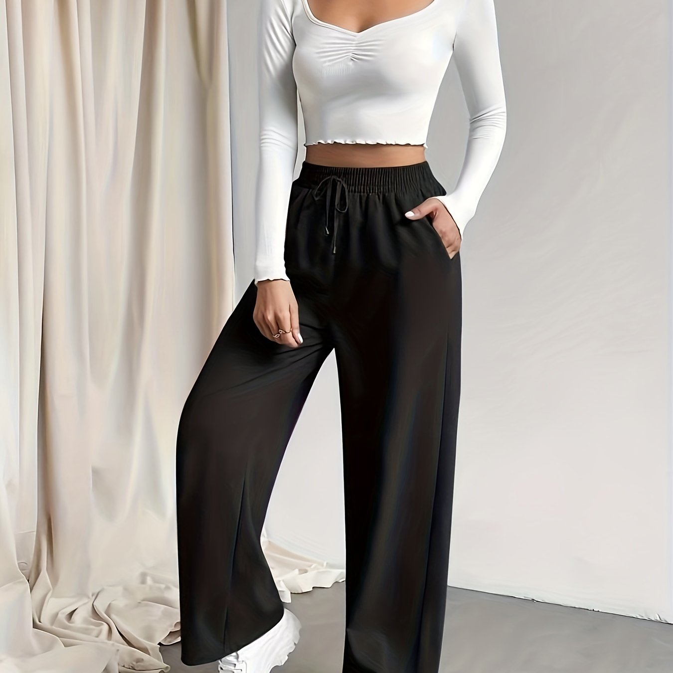 Womens Solid Drawstring Wide Leg Pants
