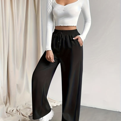 Womens Solid Drawstring Wide Leg Pants