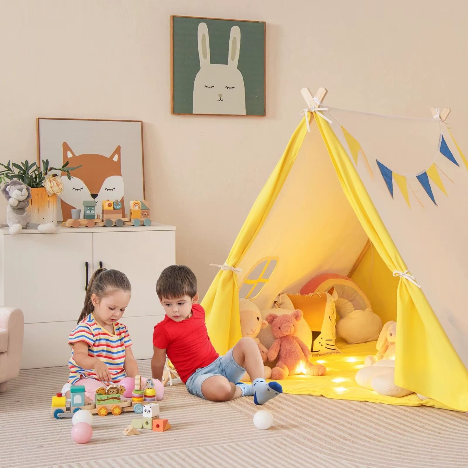 Kids Play Tent Cotton Canvas Playhouse Toddler Castle Tent W/ Solid Wood Frame